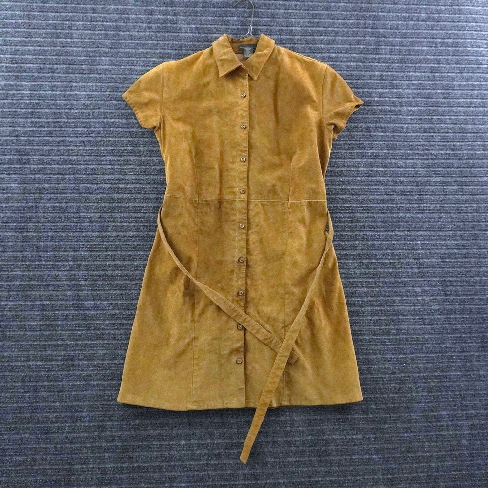Vintage Banana Republic Leather Suede Shirt Dress Womens L Brown Belted